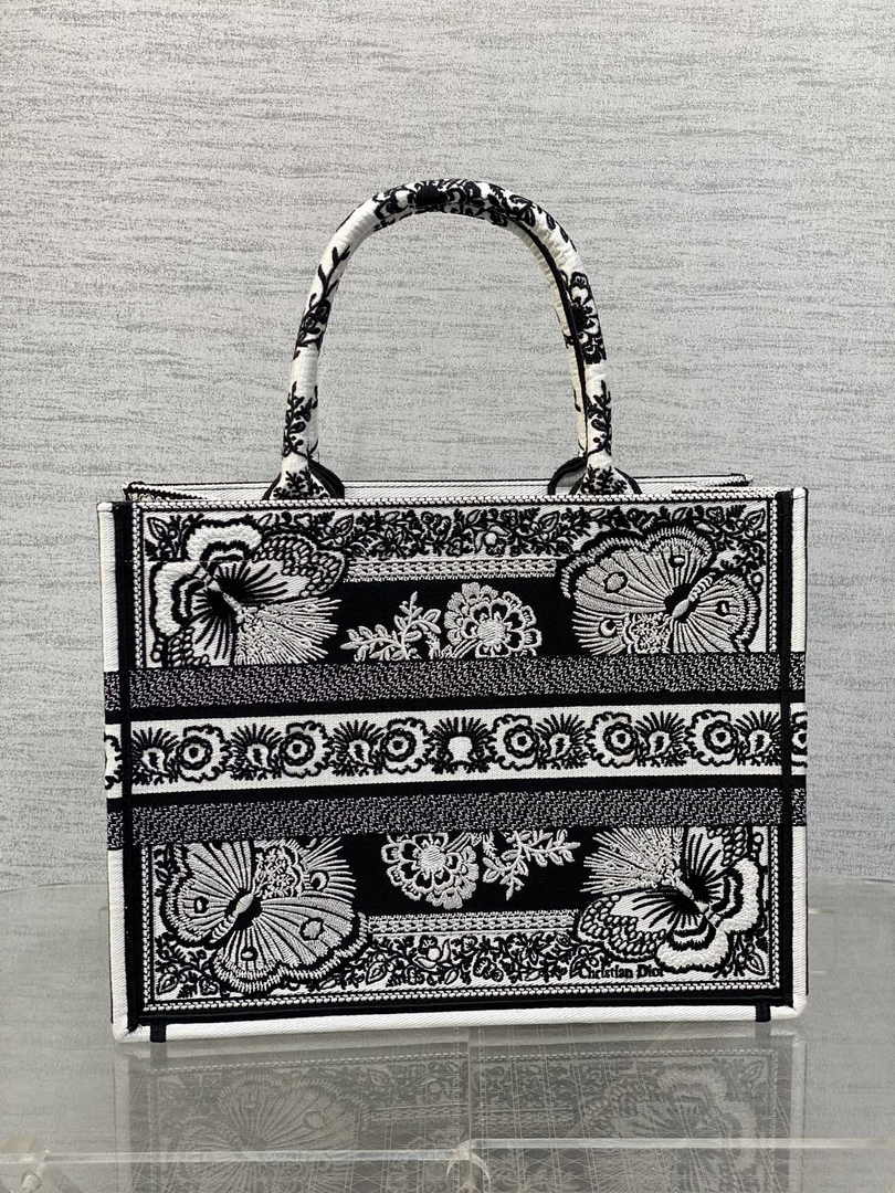 Medium Dior Book Tote M1296 Black and White Butterfly Bandana Embroidery