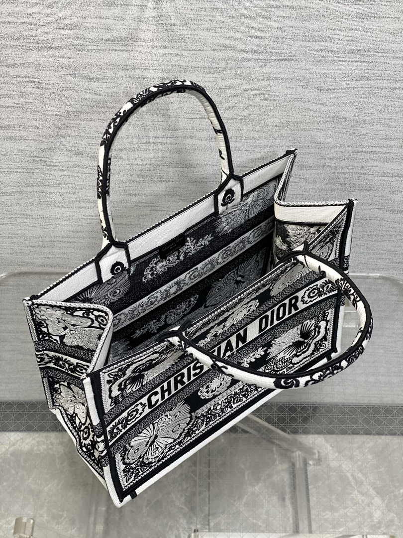 Medium Dior Book Tote M1296 Black and White Butterfly Bandana Embroidery