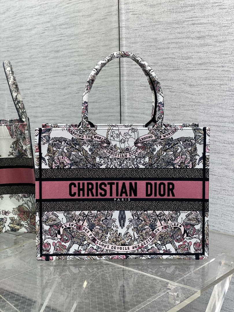 Medium Dior Book Tote M1296 White and Pastel Pink Butterfly Around The World Embroidery