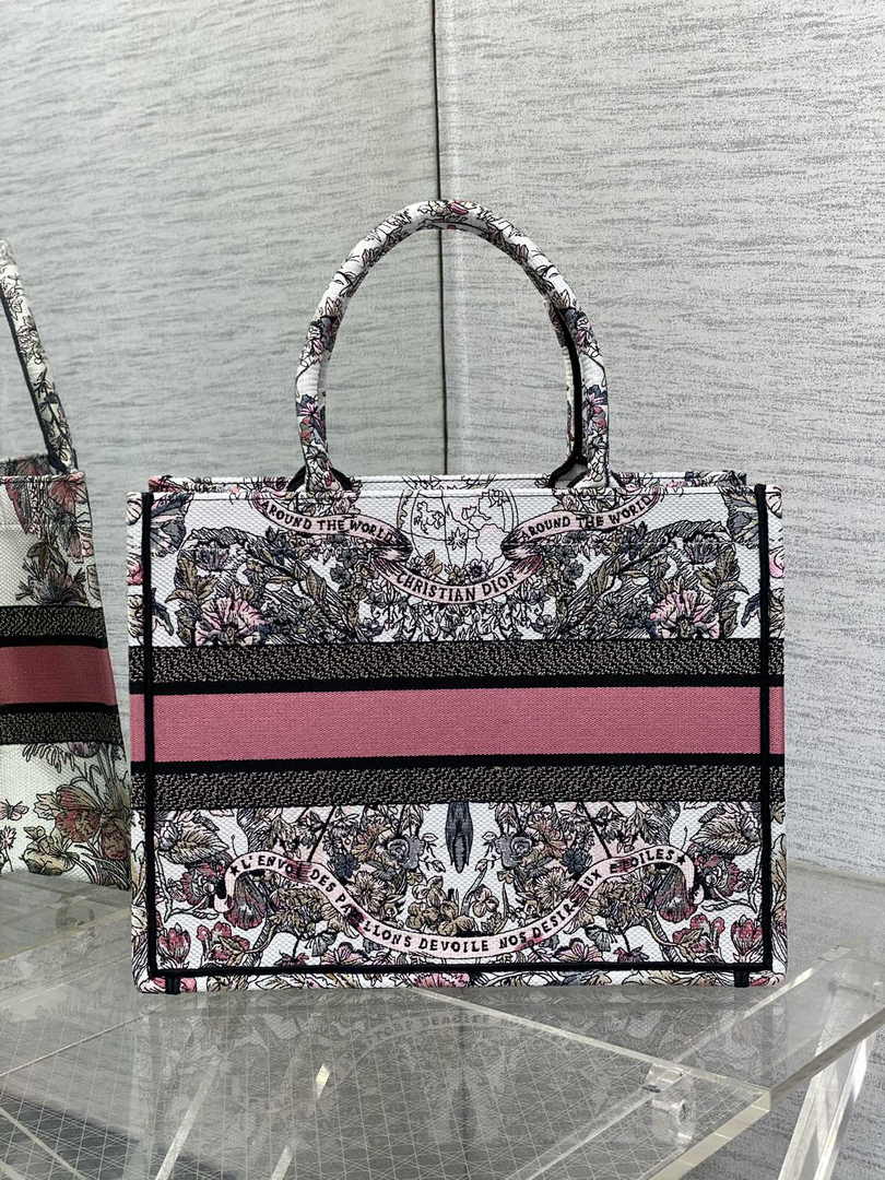 Medium Dior Book Tote M1296 White and Pastel Pink Butterfly Around The World Embroidery