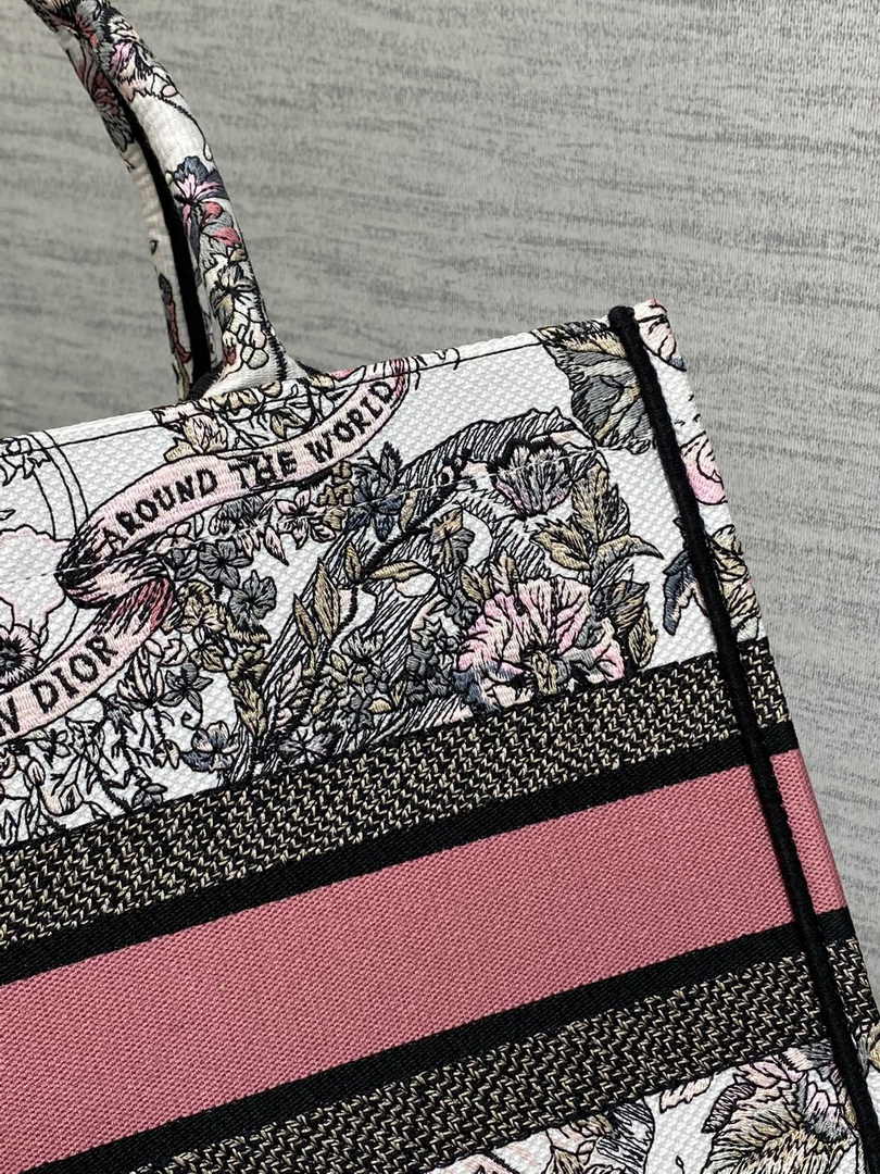 Medium Dior Book Tote M1296 White and Pastel Pink Butterfly Around The World Embroidery