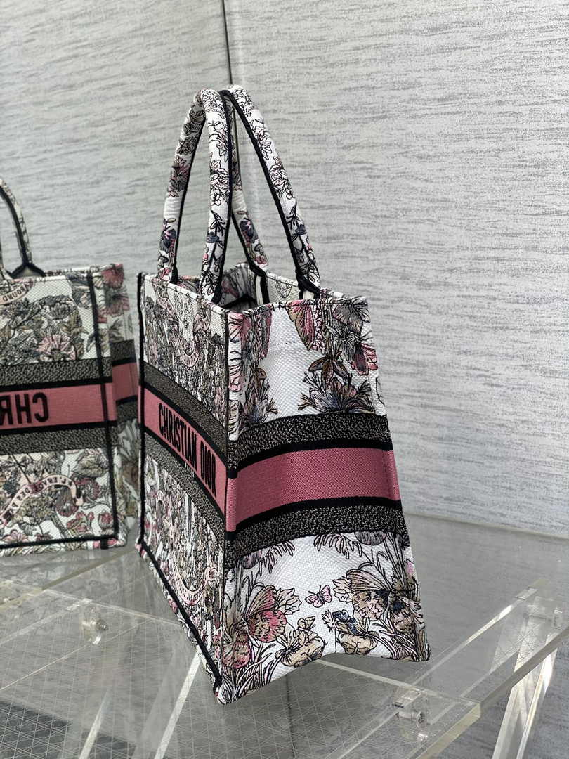 Medium Dior Book Tote M1296 White and Pastel Pink Butterfly Around The World Embroidery