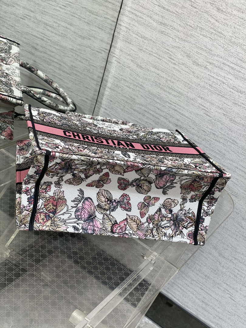 Medium Dior Book Tote M1296 White and Pastel Pink Butterfly Around The World Embroidery