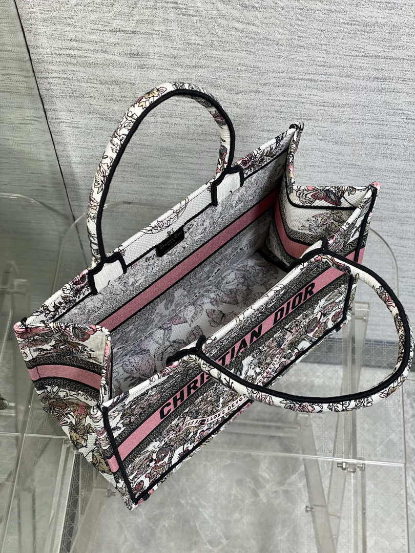 Medium Dior Book Tote M1296 White and Pastel Pink Butterfly Around The World Embroidery