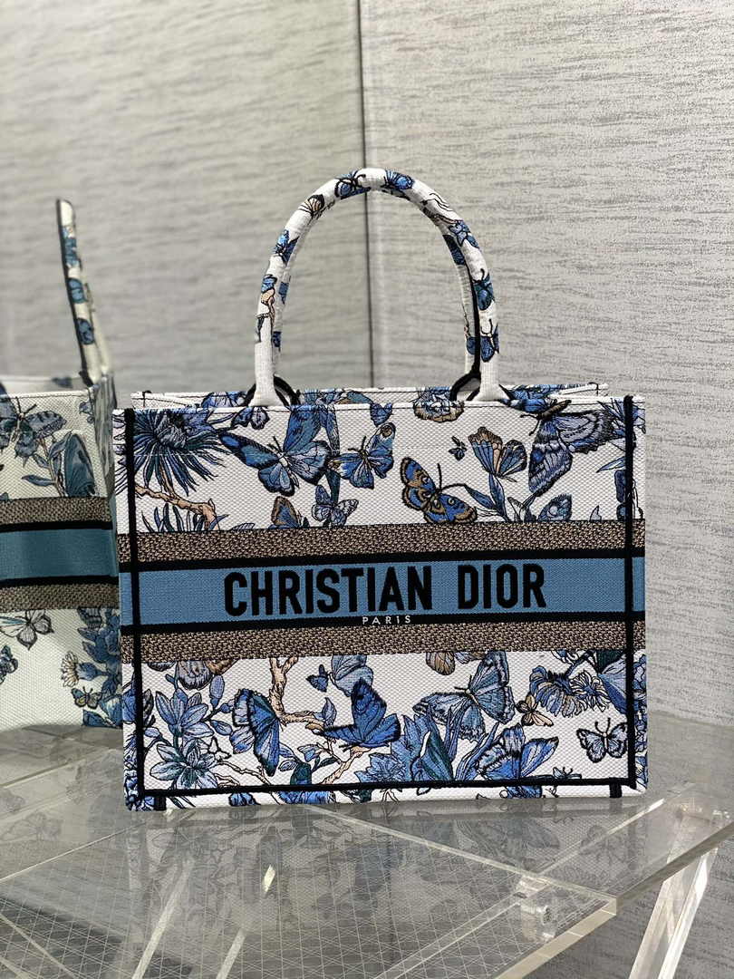 Medium Dior Book Tote M1296 White and Pastel Midnight Blue Toile de Jouy Mexico Embroidery