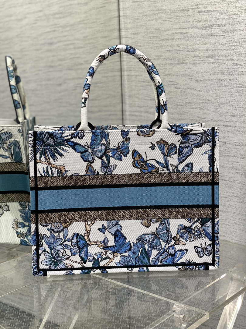 Medium Dior Book Tote M1296 White and Pastel Midnight Blue Toile de Jouy Mexico Embroidery