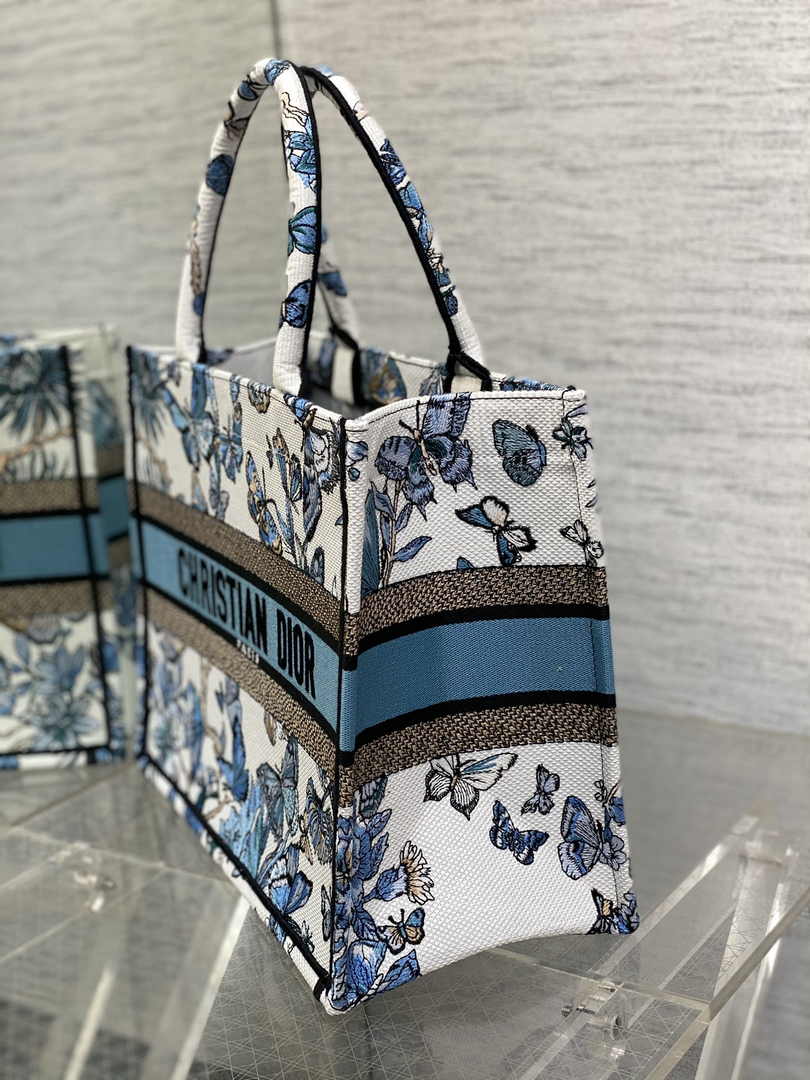 Medium Dior Book Tote M1296 White and Pastel Midnight Blue Toile de Jouy Mexico Embroidery