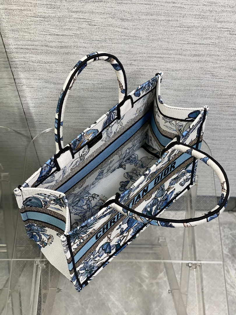 Medium Dior Book Tote M1296 White and Pastel Midnight Blue Toile de Jouy Mexico Embroidery
