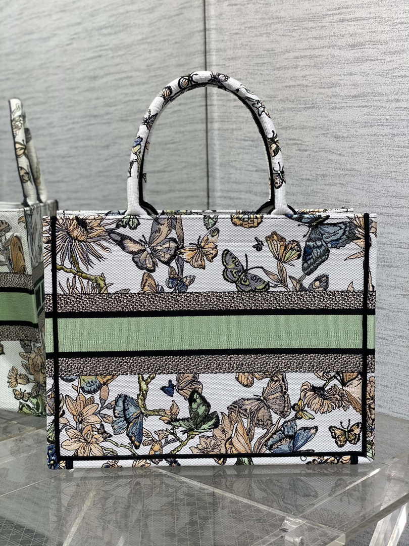 Medium Dior Book Tote M1296 White and Pastel Midnight Green Toile de Jouy Mexico Embroidery