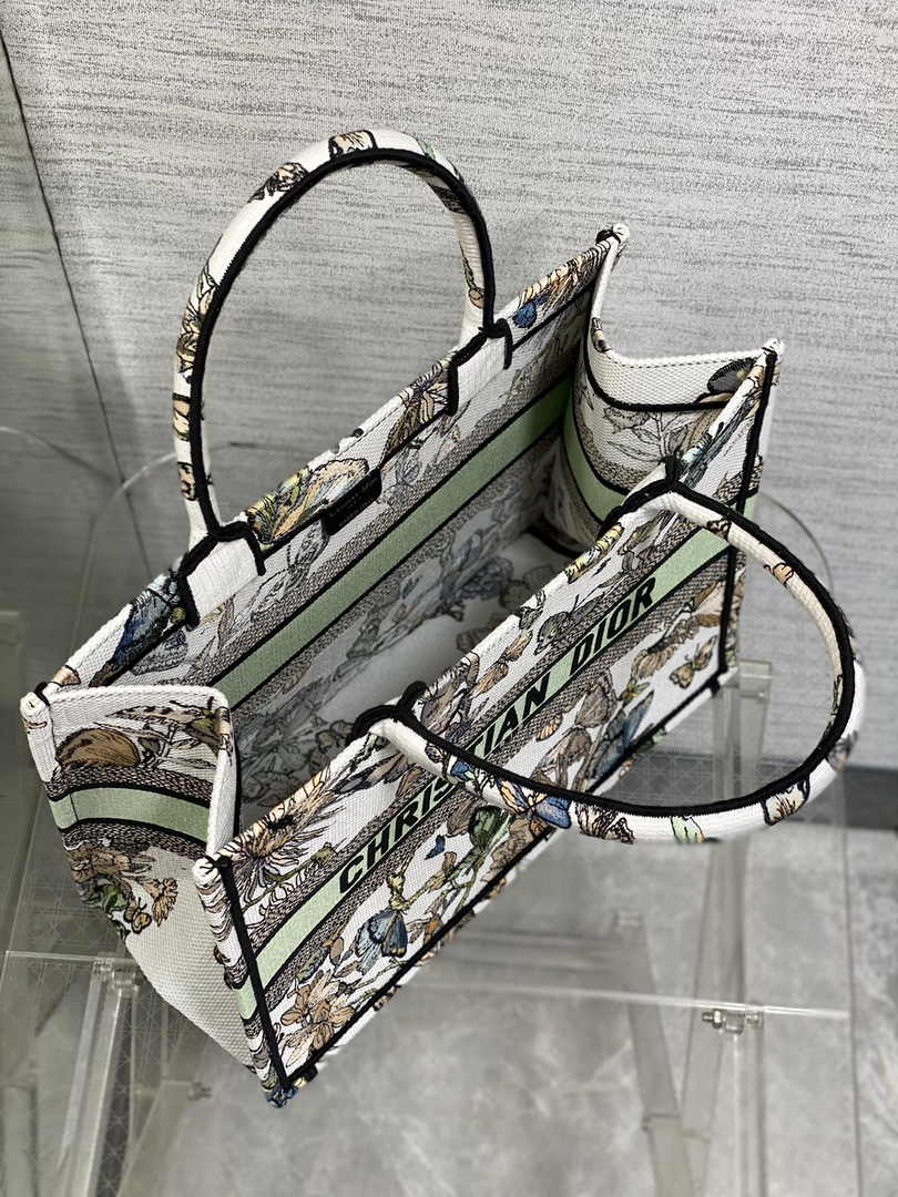 Medium Dior Book Tote M1296 White and Pastel Midnight Green Toile de Jouy Mexico Embroidery