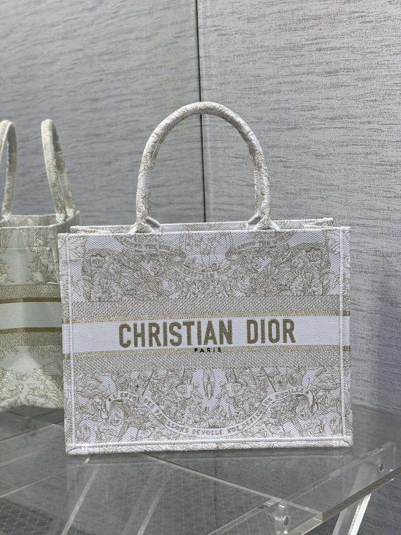Medium Dior Book Tote M1296 Gold-Tone and White Butterfly Around The World Embroidery