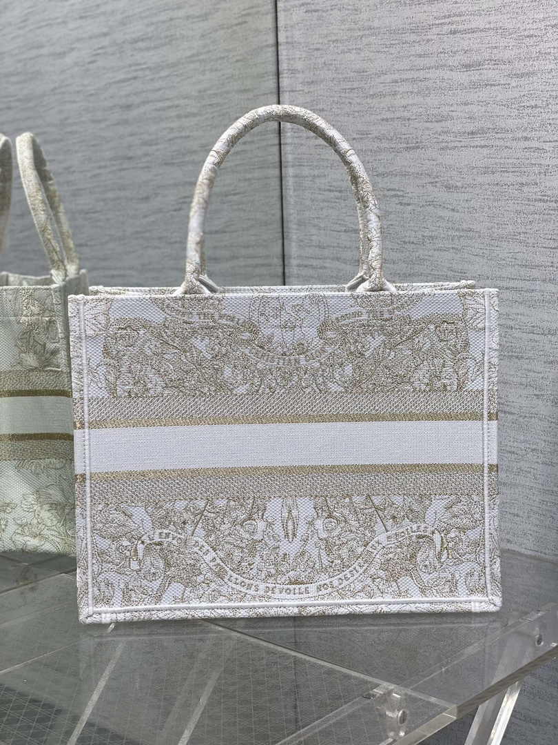 Medium Dior Book Tote M1296 Gold-Tone and White Butterfly Around The World Embroidery