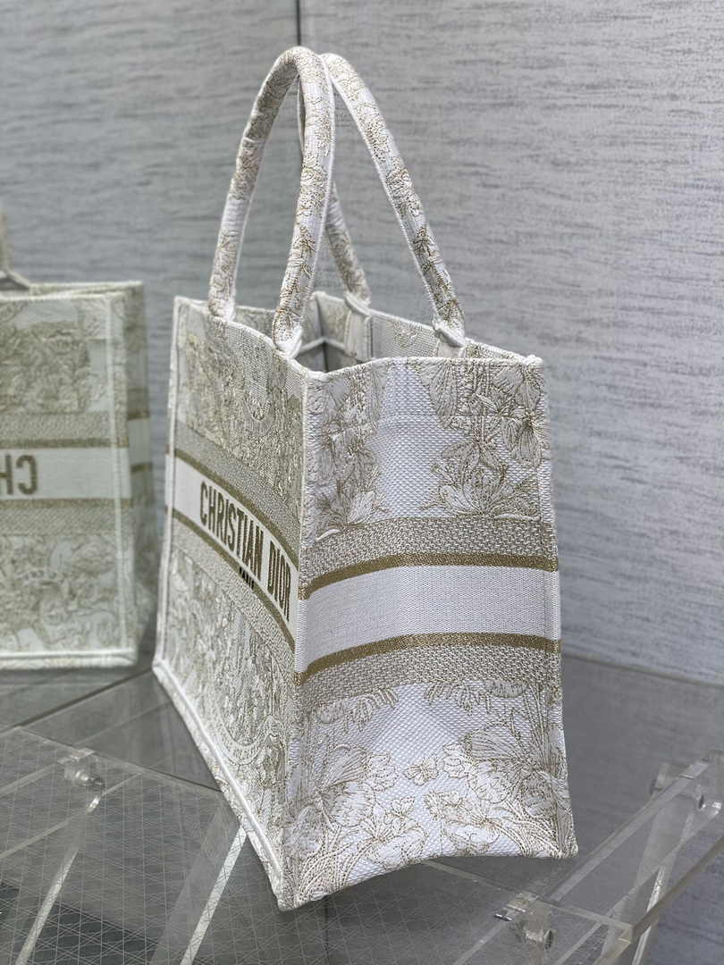Medium Dior Book Tote M1296 Gold-Tone and White Butterfly Around The World Embroidery