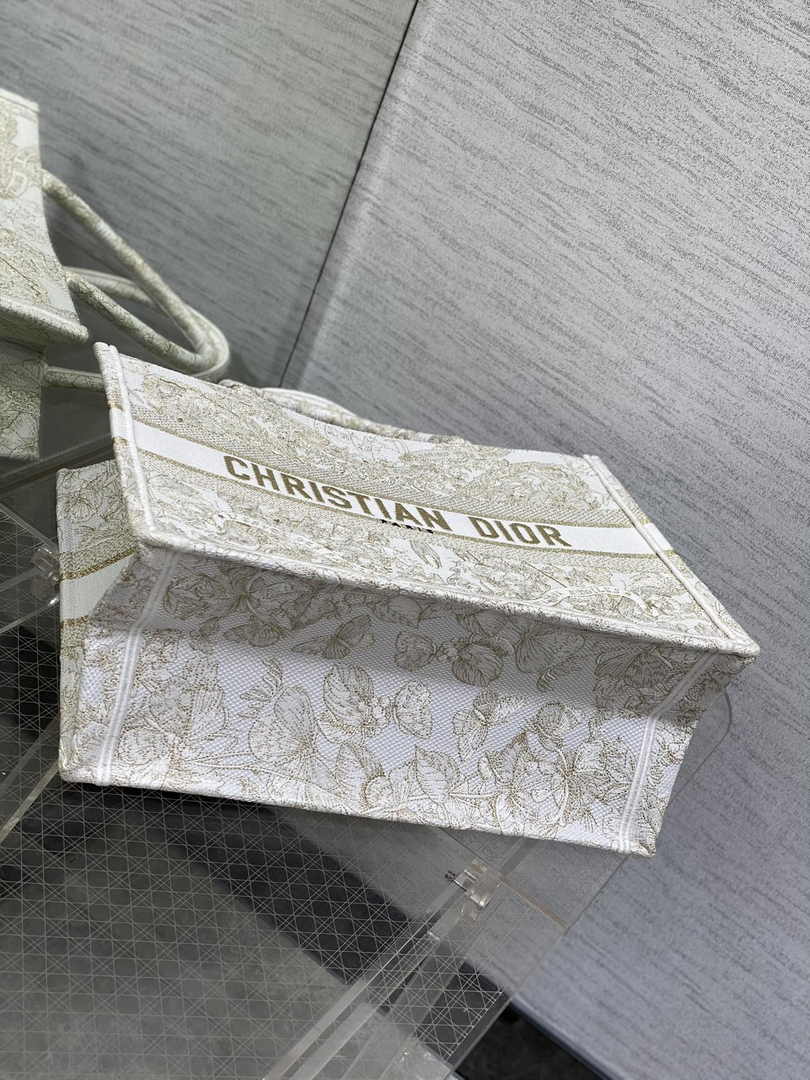 Medium Dior Book Tote M1296 Gold-Tone and White Butterfly Around The World Embroidery
