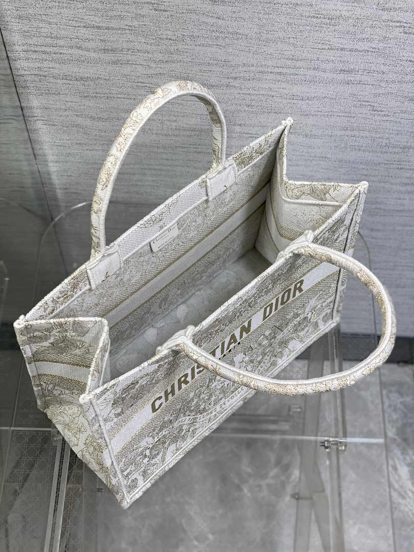 Medium Dior Book Tote M1296 Gold-Tone and White Butterfly Around The World Embroidery