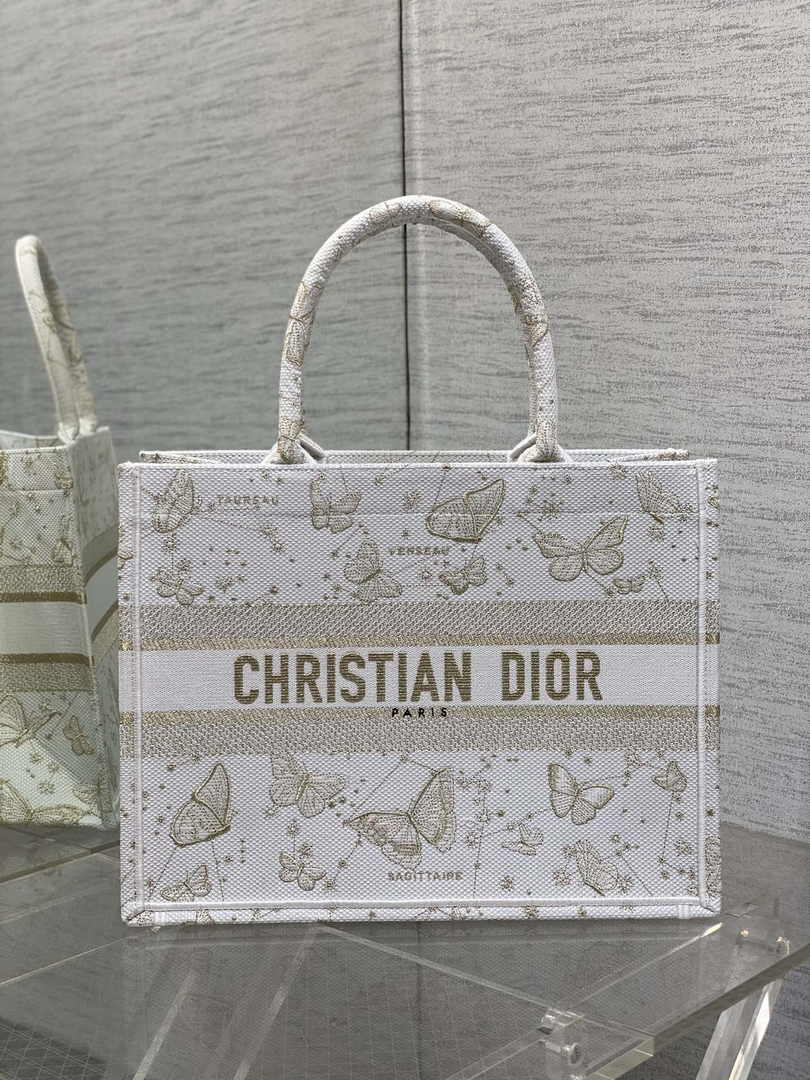 Medium Dior Book Tote M1296 Gold-Tone and White Butterfly Zodiac Embroidery