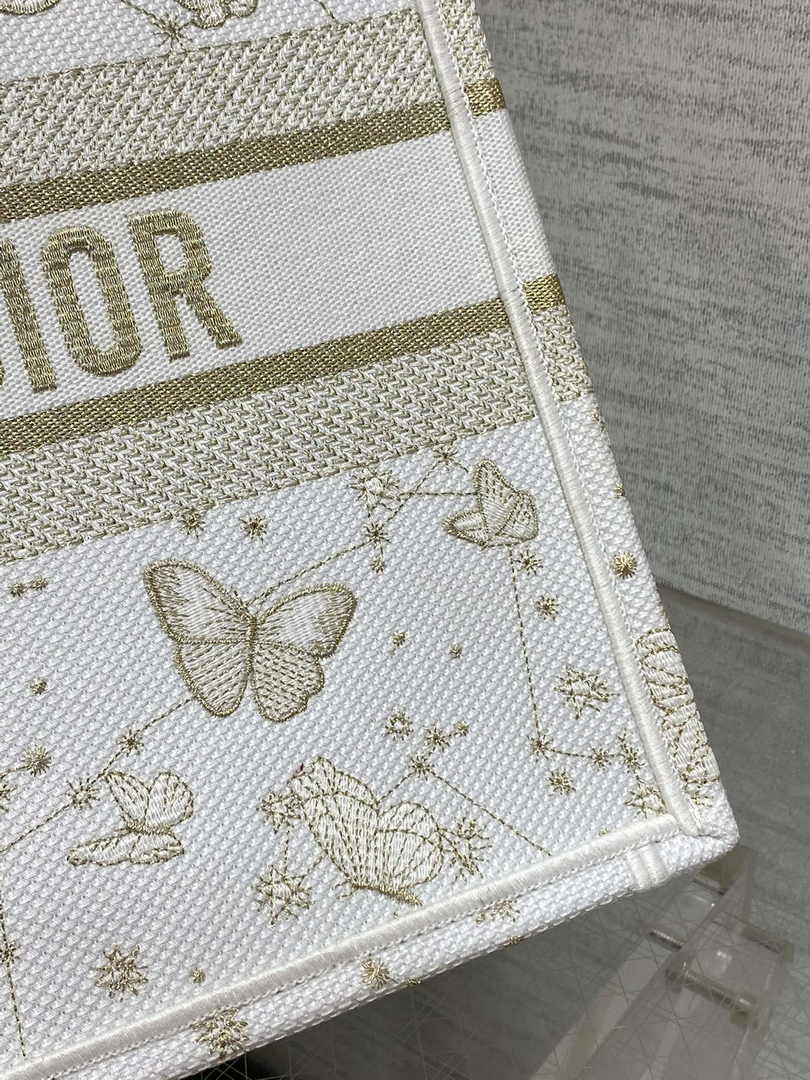 Medium Dior Book Tote M1296 Gold-Tone and White Butterfly Zodiac Embroidery