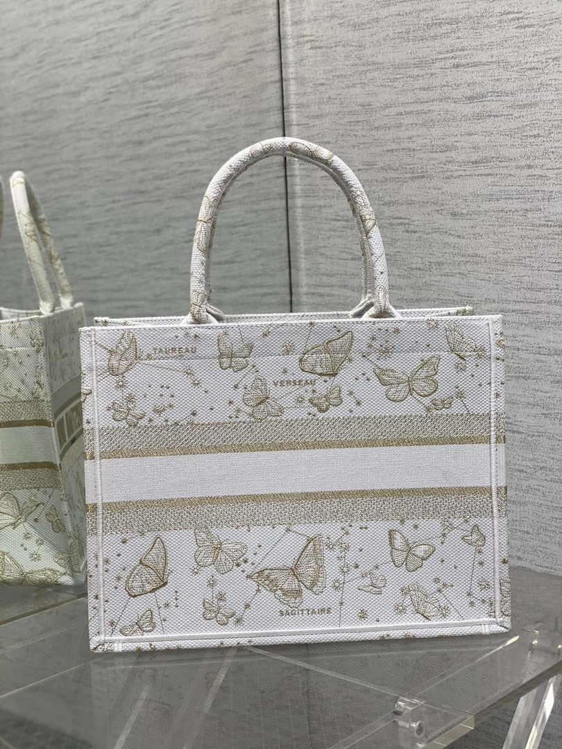 Medium Dior Book Tote M1296 Gold-Tone and White Butterfly Zodiac Embroidery