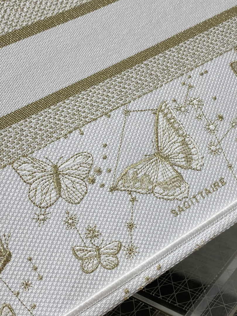 Medium Dior Book Tote M1296 Gold-Tone and White Butterfly Zodiac Embroidery