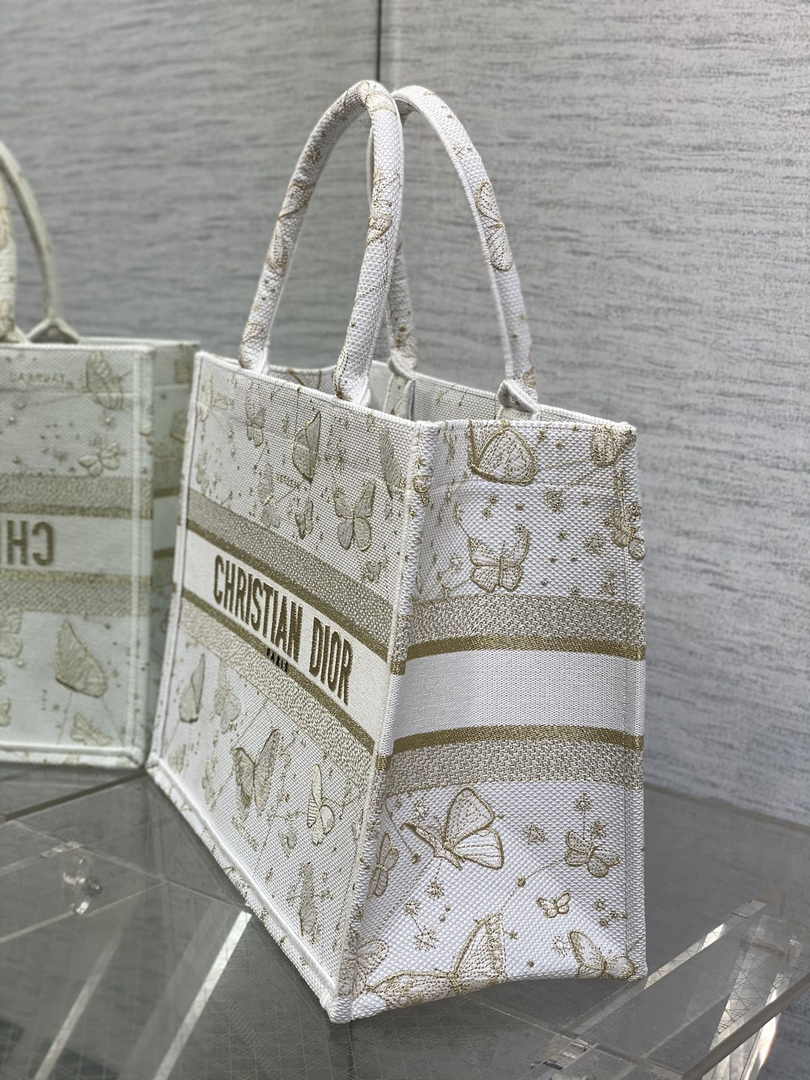 Medium Dior Book Tote M1296 Gold-Tone and White Butterfly Zodiac Embroidery