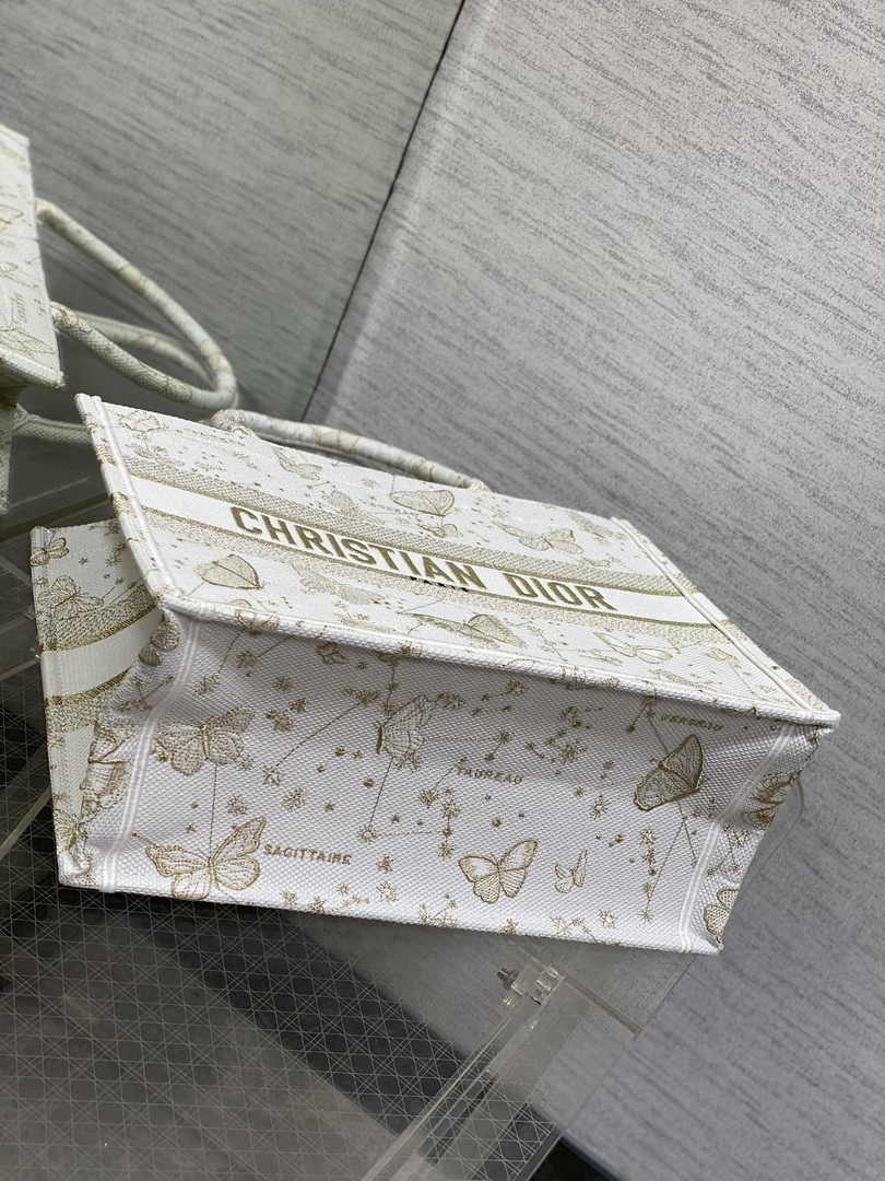 Medium Dior Book Tote M1296 Gold-Tone and White Butterfly Zodiac Embroidery