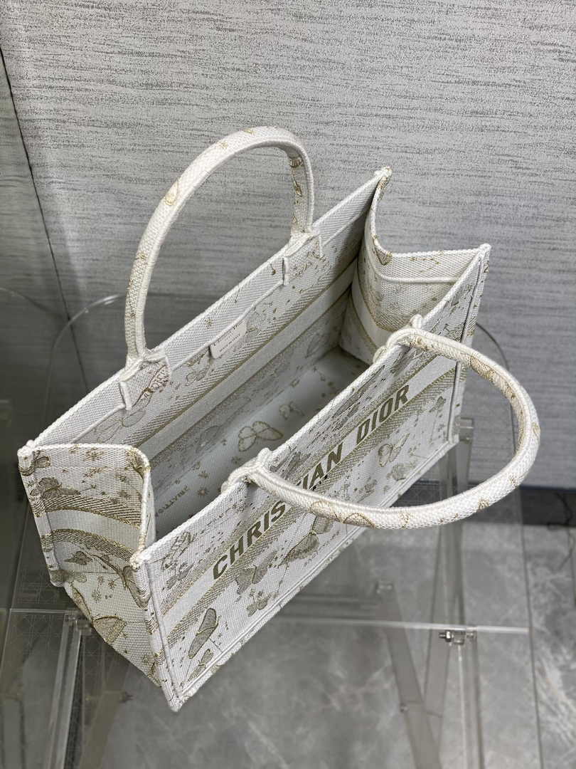 Medium Dior Book Tote M1296 Gold-Tone and White Butterfly Zodiac Embroidery