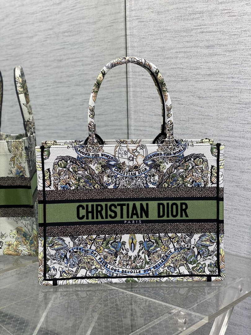 Medium Dior Book Tote M1296 White and Green Butterfly Around The World Embroidery