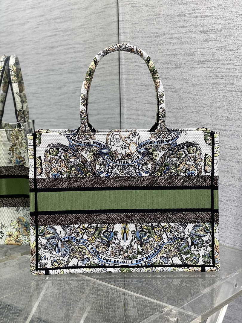 Medium Dior Book Tote M1296 White and Green Butterfly Around The World Embroidery