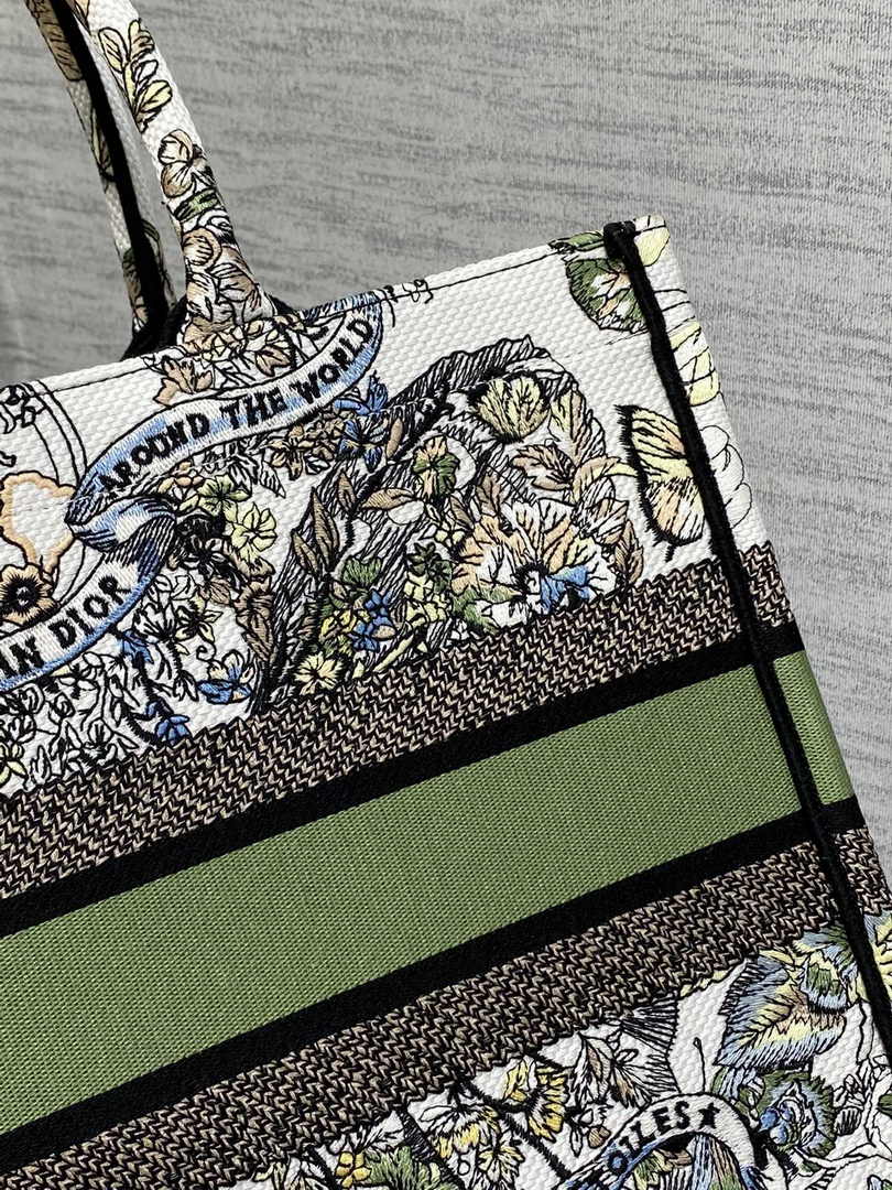 Medium Dior Book Tote M1296 White and Green Butterfly Around The World Embroidery