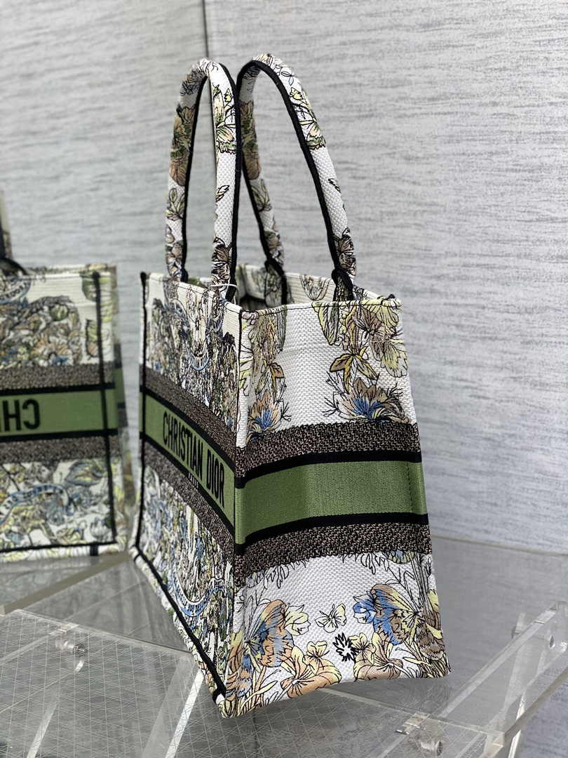 Medium Dior Book Tote M1296 White and Green Butterfly Around The World Embroidery