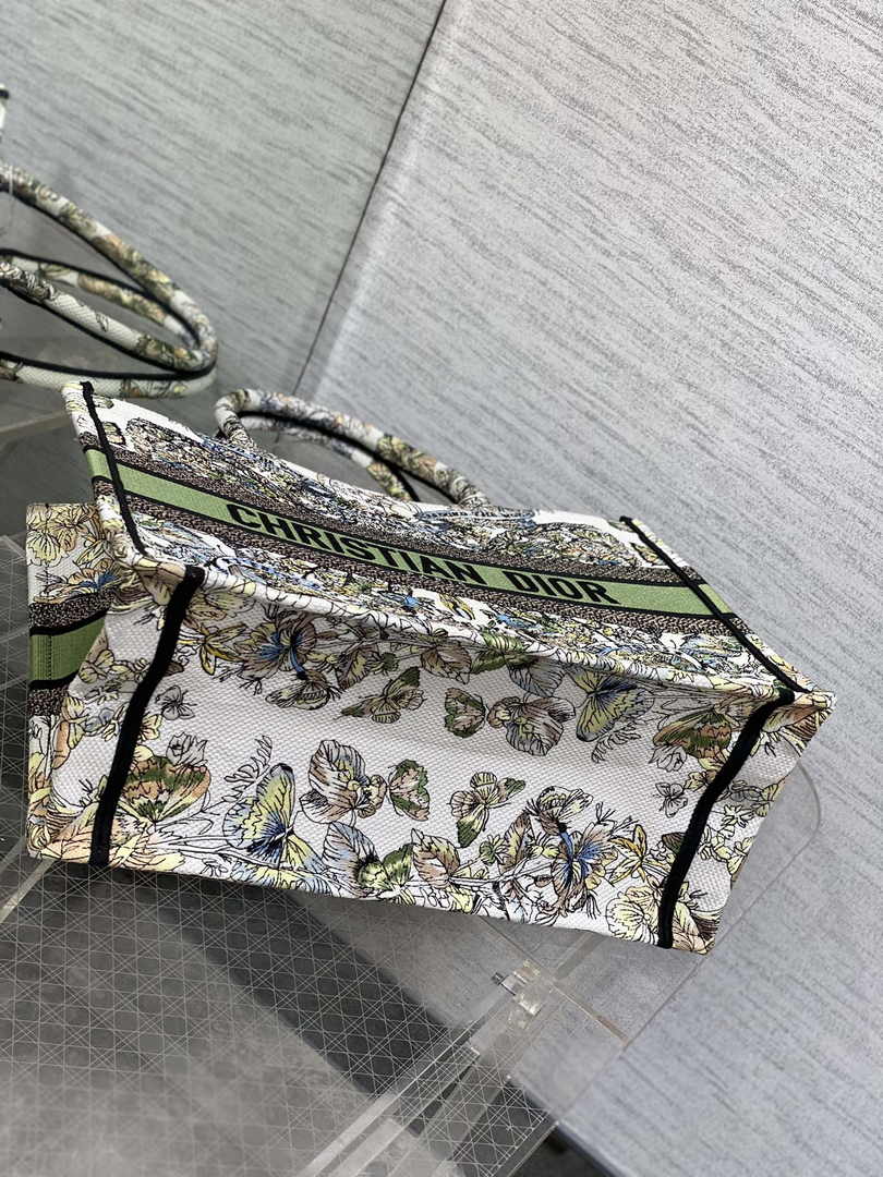 Medium Dior Book Tote M1296 White and Green Butterfly Around The World Embroidery
