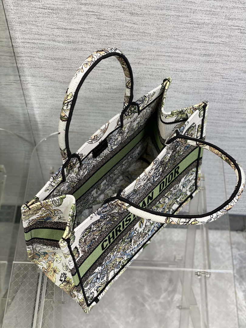 Medium Dior Book Tote M1296 White and Green Butterfly Around The World Embroidery