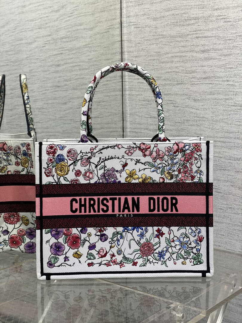 Dior Medium Book Tote M1296 Beige and Pink Flower Embroidery