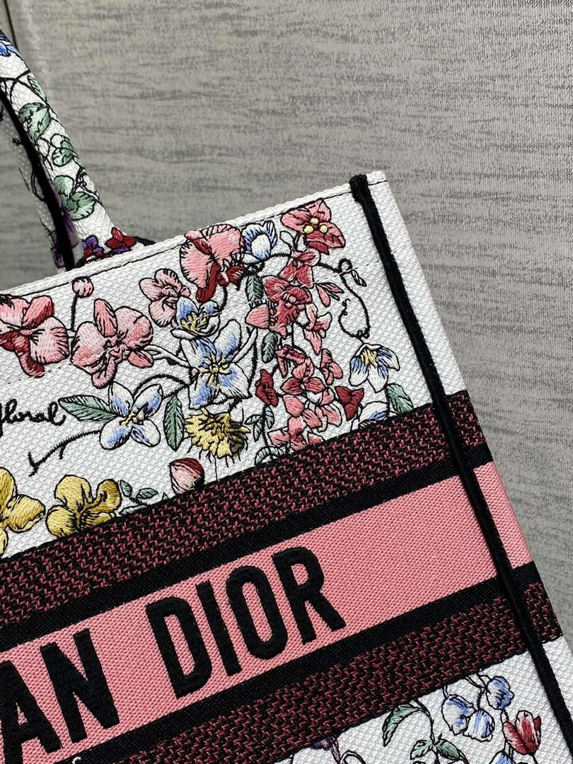 Dior Medium Book Tote M1296 Beige and Pink Flower Embroidery