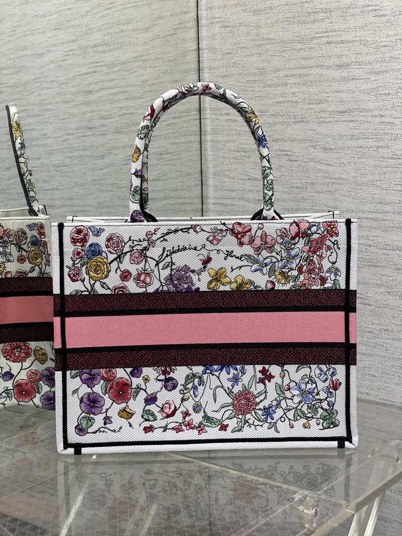 Dior Medium Book Tote M1296 Beige and Pink Flower Embroidery