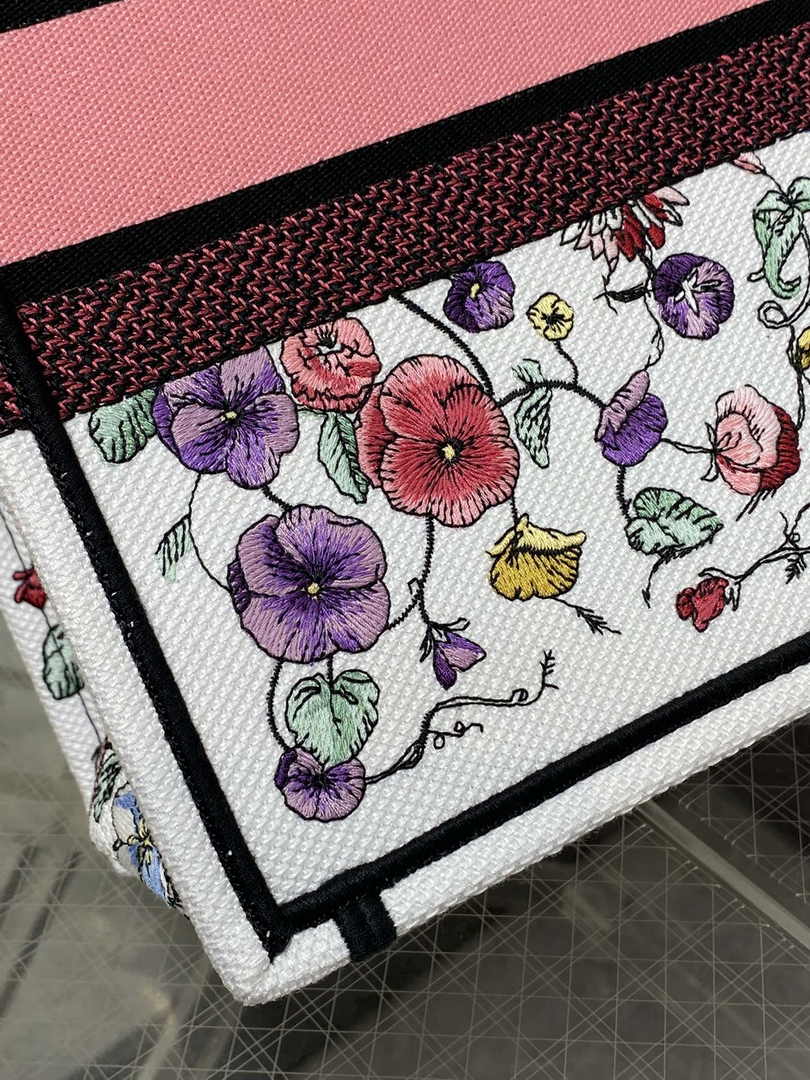 Dior Medium Book Tote M1296 Beige and Pink Flower Embroidery