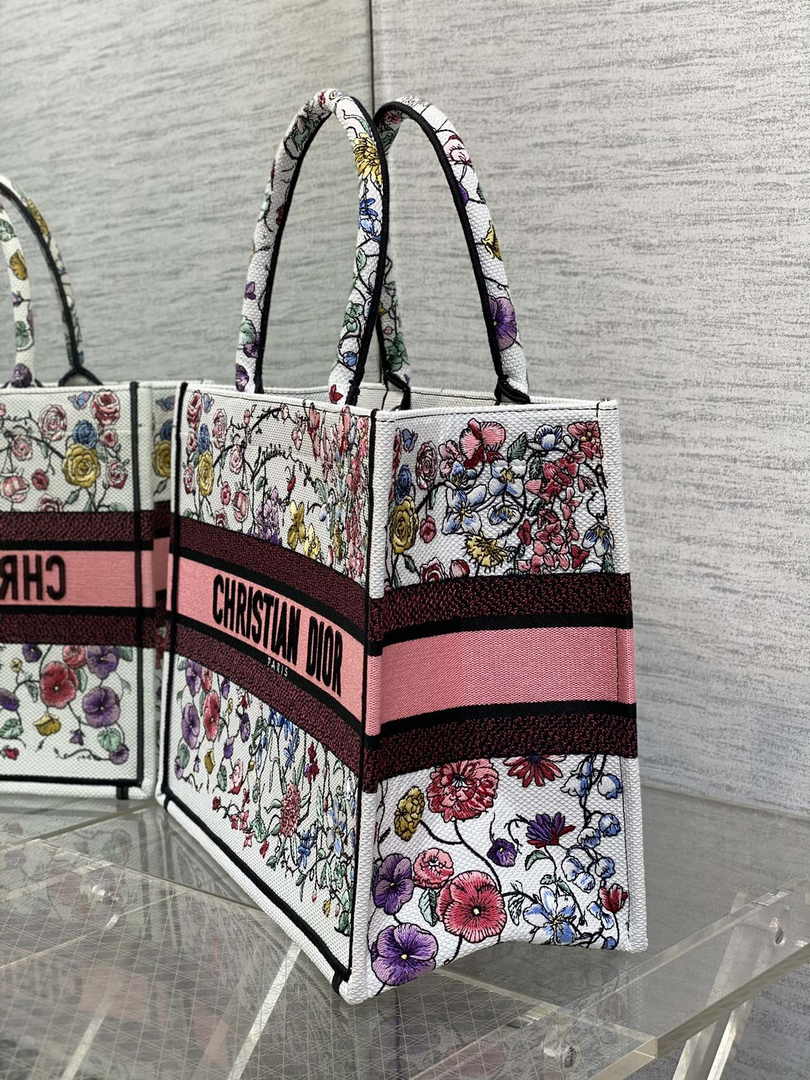 Dior Medium Book Tote M1296 Beige and Pink Flower Embroidery