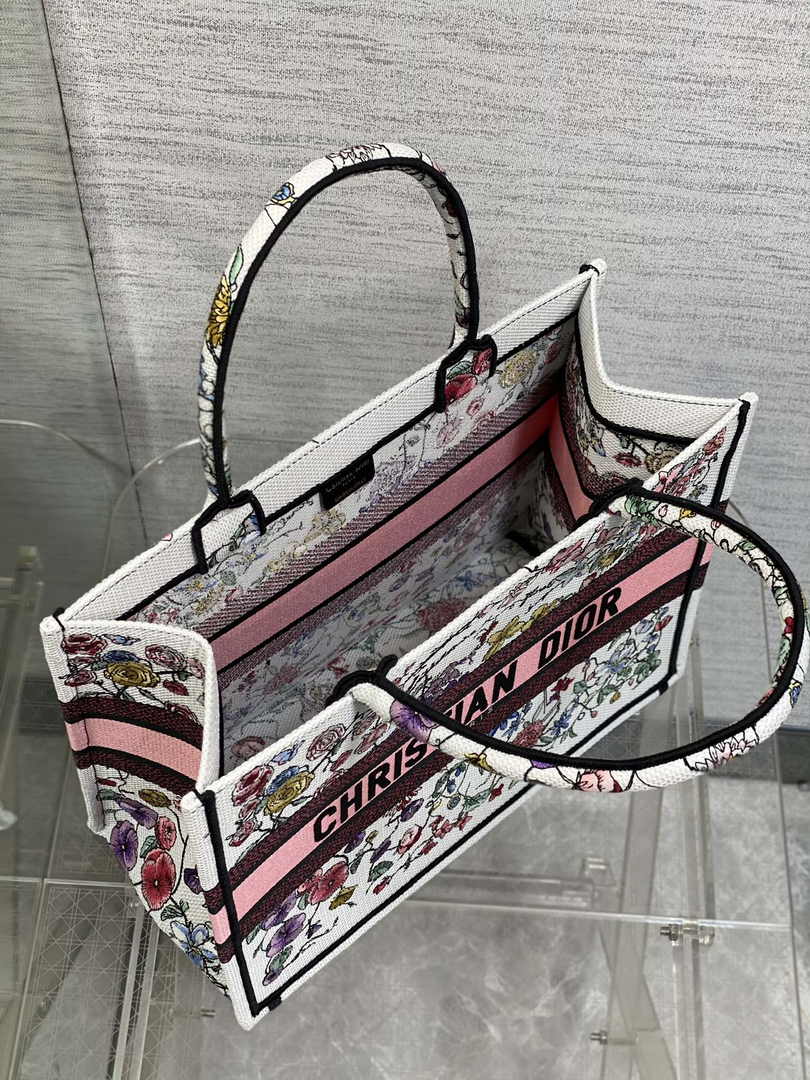 Dior Medium Book Tote M1296 Beige and Pink Flower Embroidery