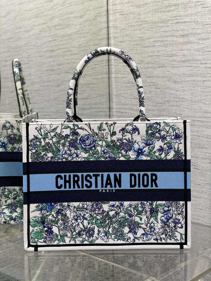 Medium Dior Book Tote M1296 Blue Flower Embroidery