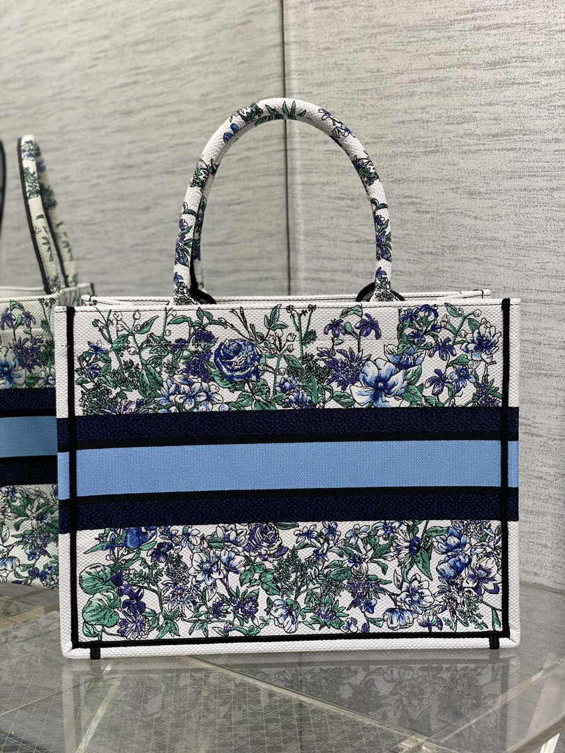 Medium Dior Book Tote M1296 Blue Flower Embroidery