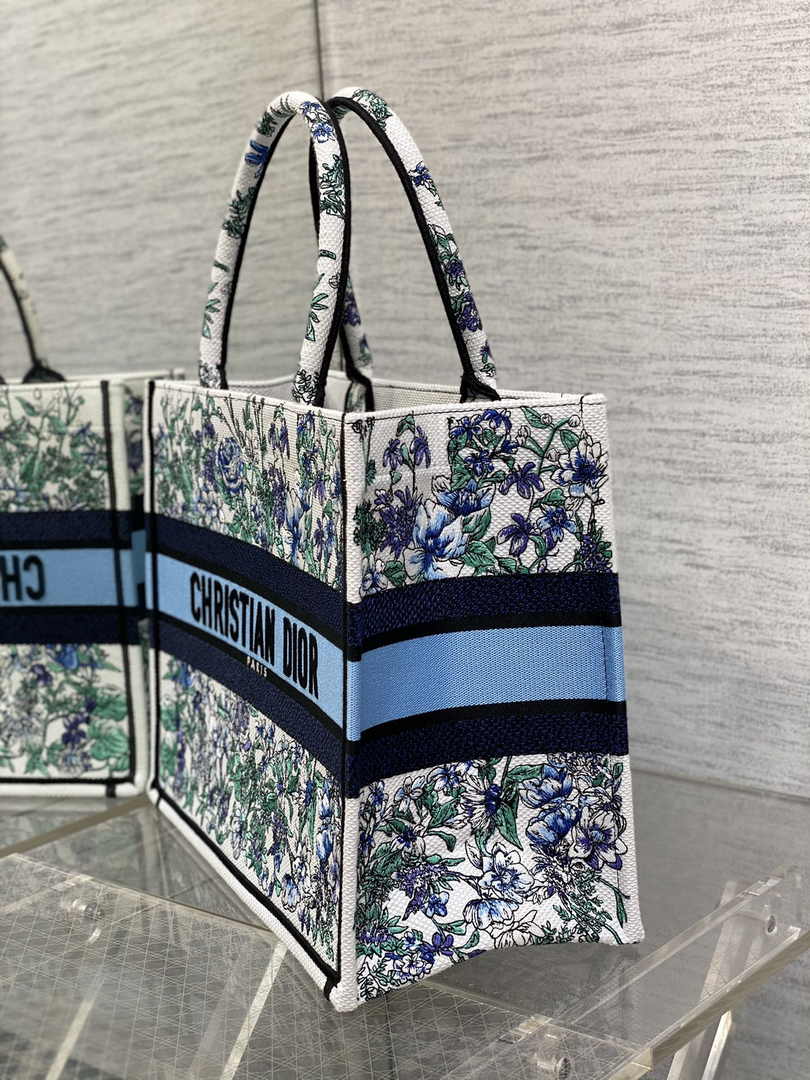Medium Dior Book Tote M1296 Blue Flower Embroidery