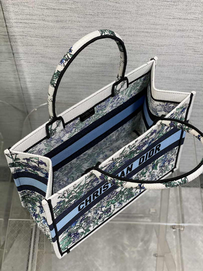 Medium Dior Book Tote M1296 Blue Flower Embroidery