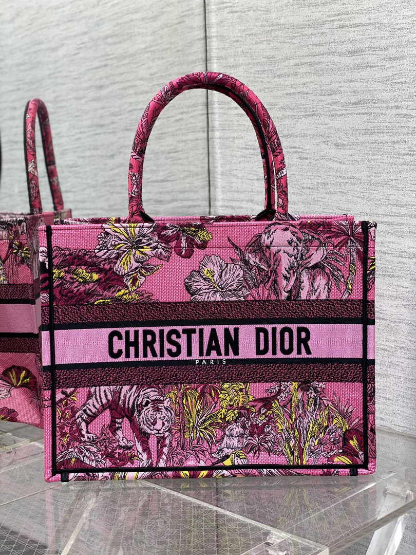 Dior Medium Book Tote M1296 Pink Tiger Embroidery
