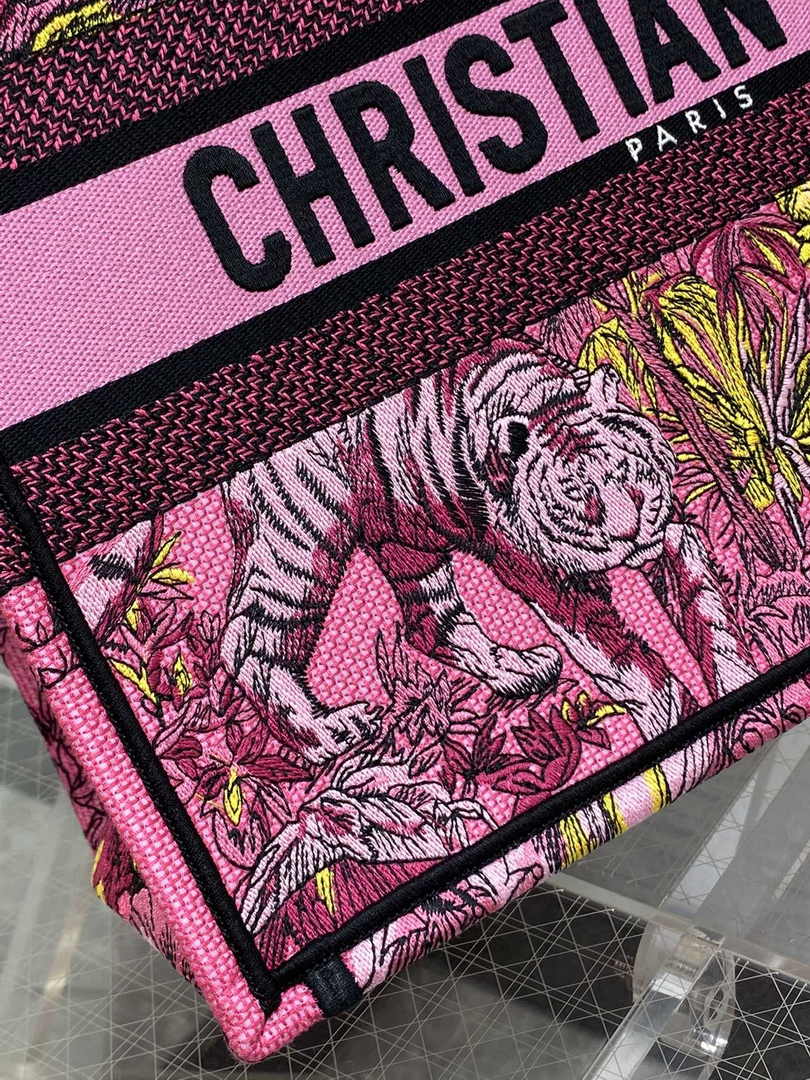 Dior Medium Book Tote M1296 Pink Tiger Embroidery