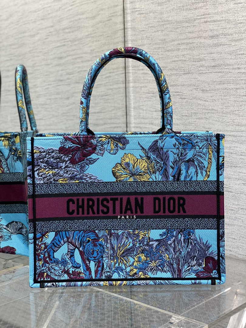Dior Medium Book Tote M1296 Blue Tiger Embroidery
