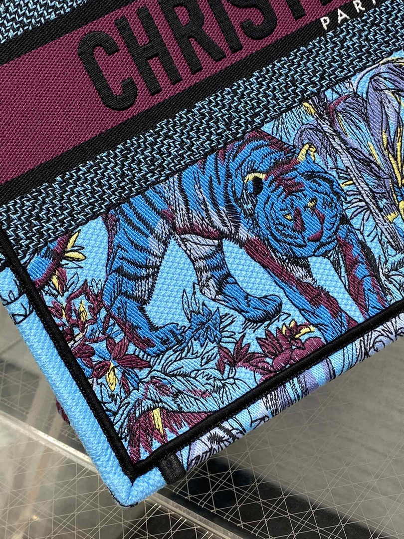 Dior Medium Book Tote M1296 Blue Tiger Embroidery
