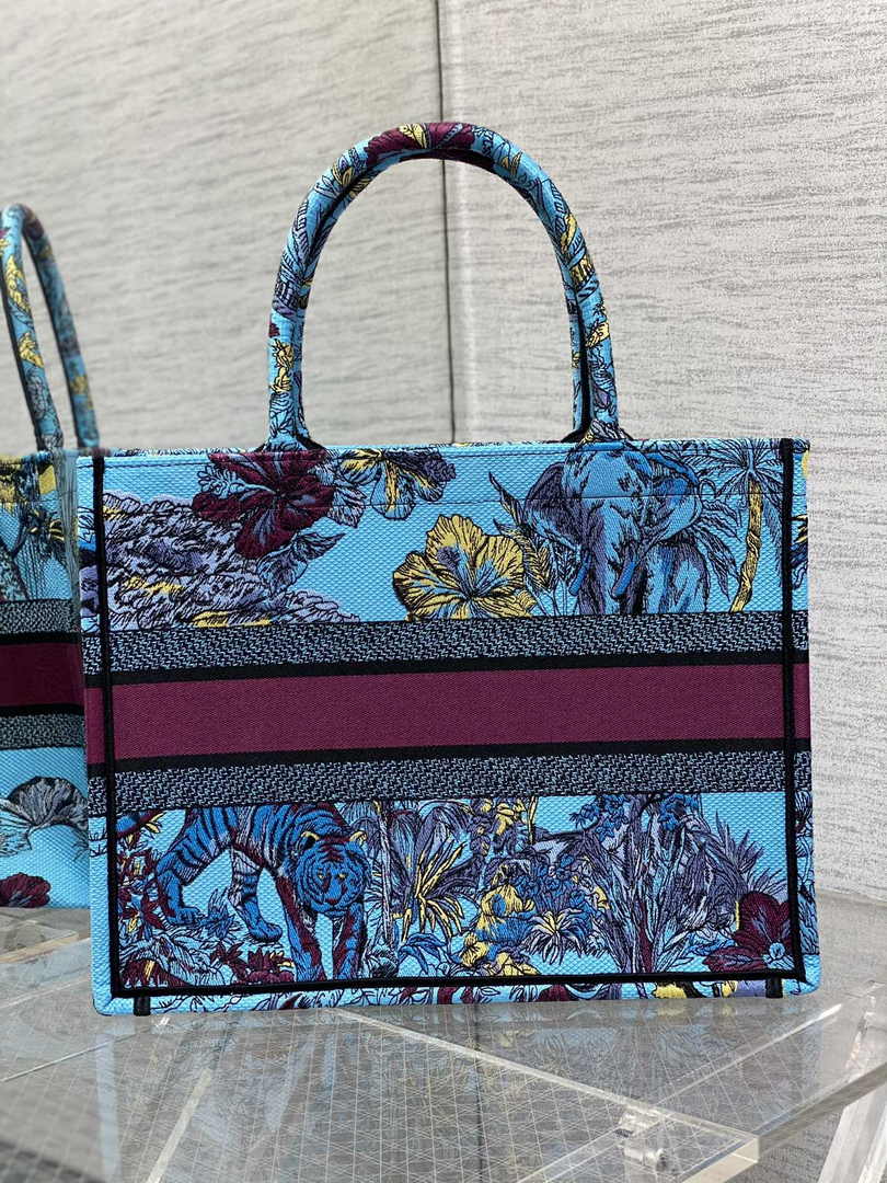 Dior Medium Book Tote M1296 Blue Tiger Embroidery