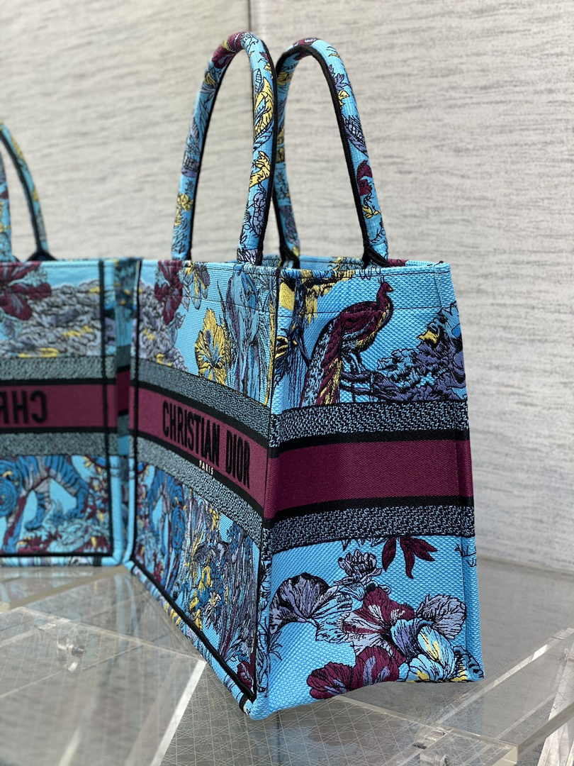 Dior Medium Book Tote M1296 Blue Tiger Embroidery