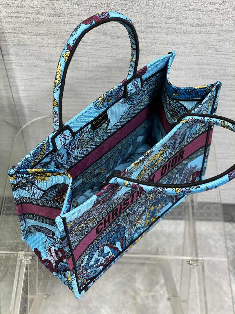 Dior Medium Book Tote M1296 Blue Tiger Embroidery