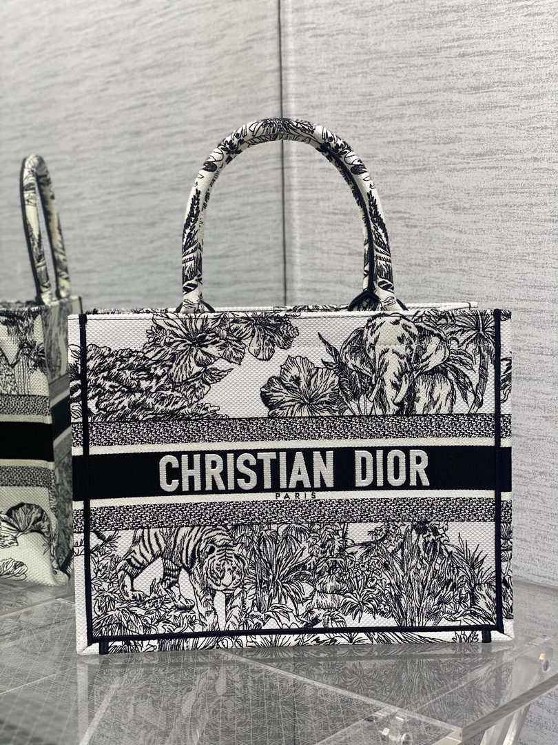 Dior Medium Book Tote M1296 Blue Tiger Embroidery